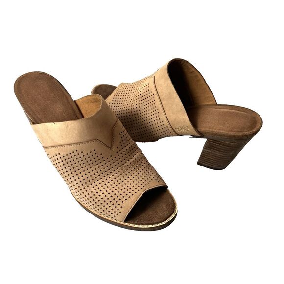 TOMS Tan Leather Block Heeled Sandals Women's 10 Slip On Open Toe Comfort Casual - Picture 1 of 12